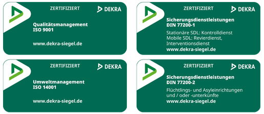 DEKRA-Siegel: Umweltmanagement ISO 14001, Qualitätsmanagement ISO 9001, Sicherheitsdienstleistungen DIN 77200
